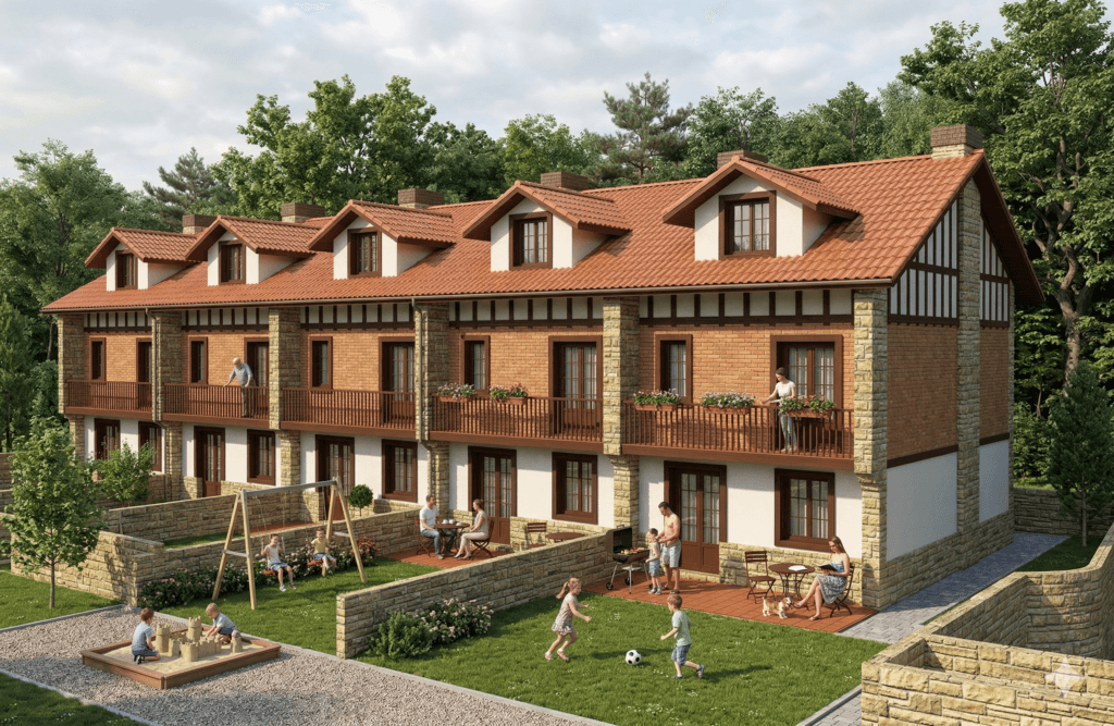 Visualización hiperrealista de un conjunto de viviendas adosadas de estilo tradicional cántabro. La imagen muestra fachadas que combinan ladrillo visto, piedra natural y entramados de madera, con amplios jardines privados donde se ve a familias disfrutando, niños jugando y un entorno arbolado al fondo bajo un cielo despejado.