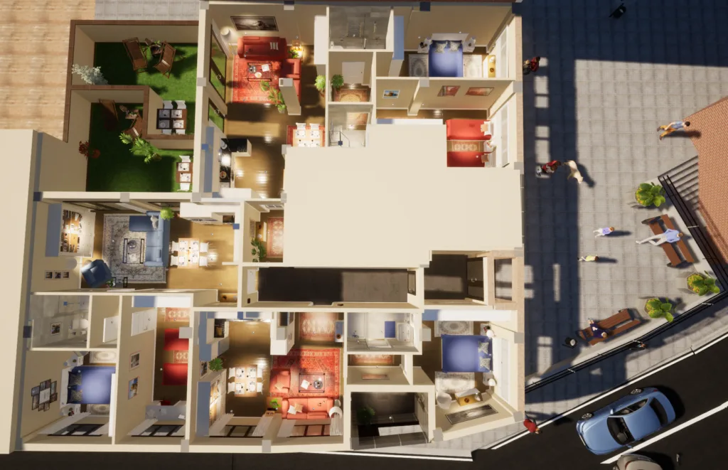 Vista aérea del proyecto de cambio de uso de local a tres viviendas en planta baja en Sestao, diseñado por Eugenio Moreno Arquitecto.