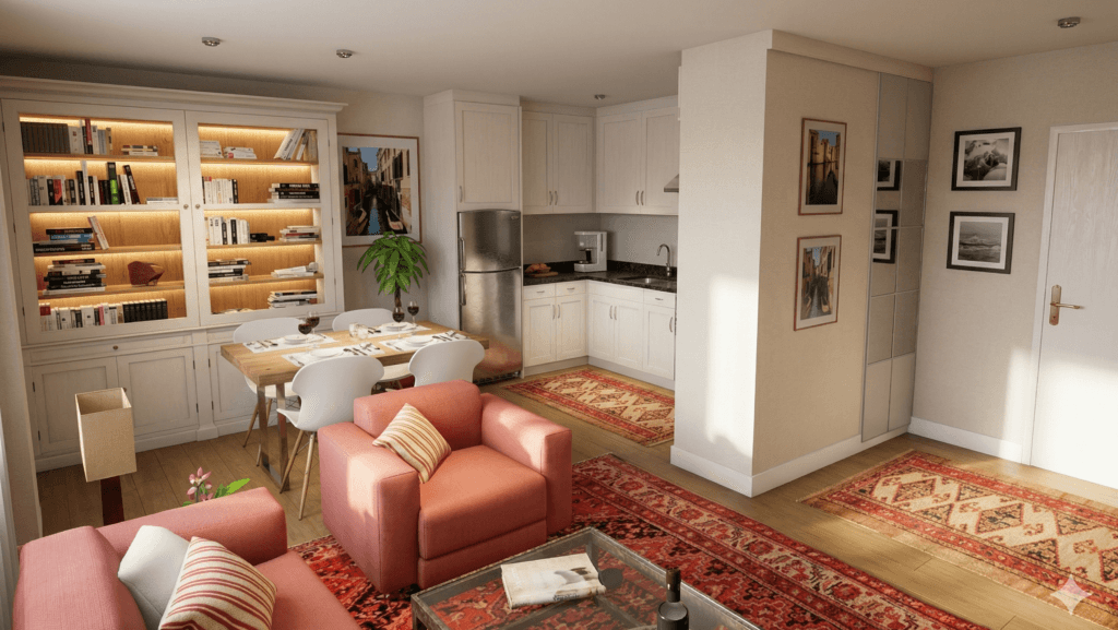 Reforma de cambio de uso de local a vivienda: salón comedor de diseño moderno con cocina integrada
