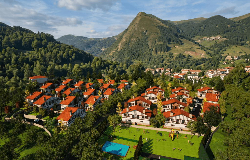 Vista aérea hiperrealista de la urbanización Residencial Ontón en Castro Urdiales, Cantabria. Se aprecian cincuenta y seis viviendas pareadas de diseño tradicional con fachadas blancas y madera, dispuestas en una ladera boscosa. El complejo cuenta con un gran parque privado central, una piscina comunitaria y un parque infantil, todo integrado en un valle verde rodeado de montañas