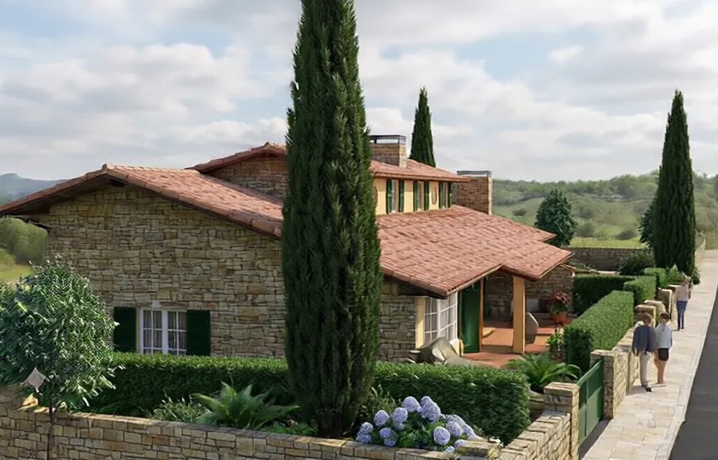 Proyecto de vivienda bifamiliar en Otañes, Castro Urdiales, diseñado por el arquitecto Eugenio Moreno. Fachada de piedra natural, tejado de teja cerámica y carpintería verde inglés en un entorno rural de Cantabria