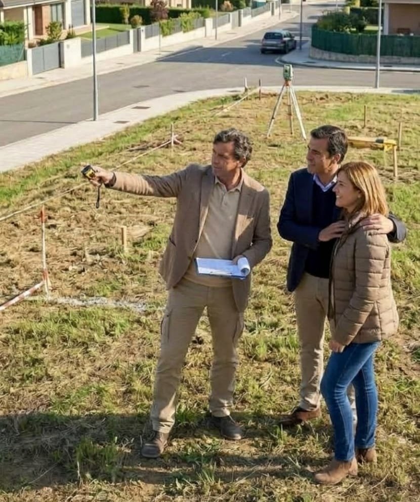 Arquitecto mostrando una parcela urbanizada a una pareja de clientes para la construcción de una vivienda unifamiliar.