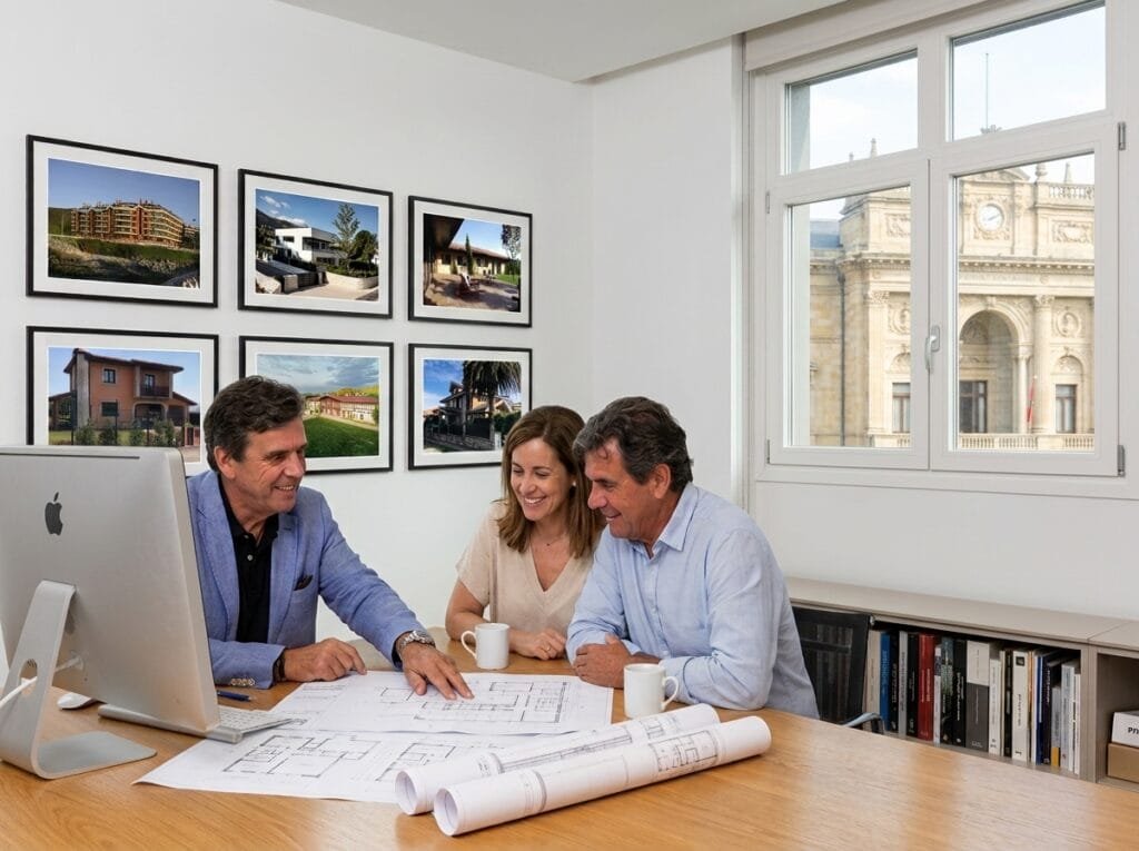 Eugenio Moreno, arquitecto, mostrando un proyecto a clientes en su estudio de arquitectura en Bilbao